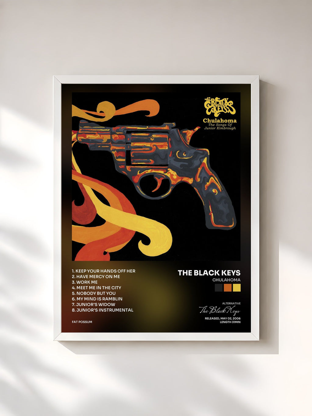 #blanc Tableau de l'album Chulahoma de The Black Keys, cadre blanc, imprimé et encadré en France