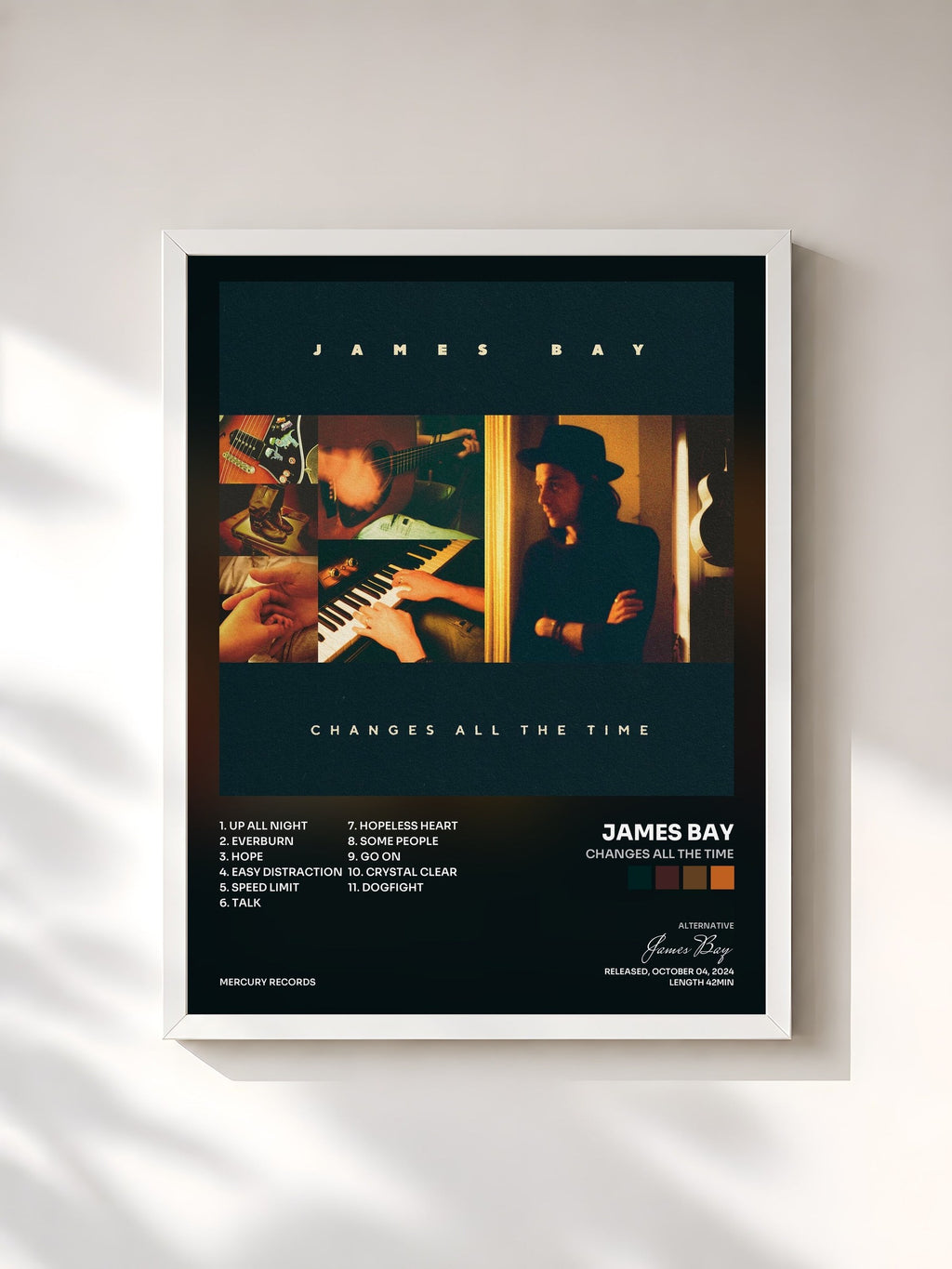 #blanc Tableau de l'album Changes All The Time de James Bay, cadre blanc, imprimé et encadré en France