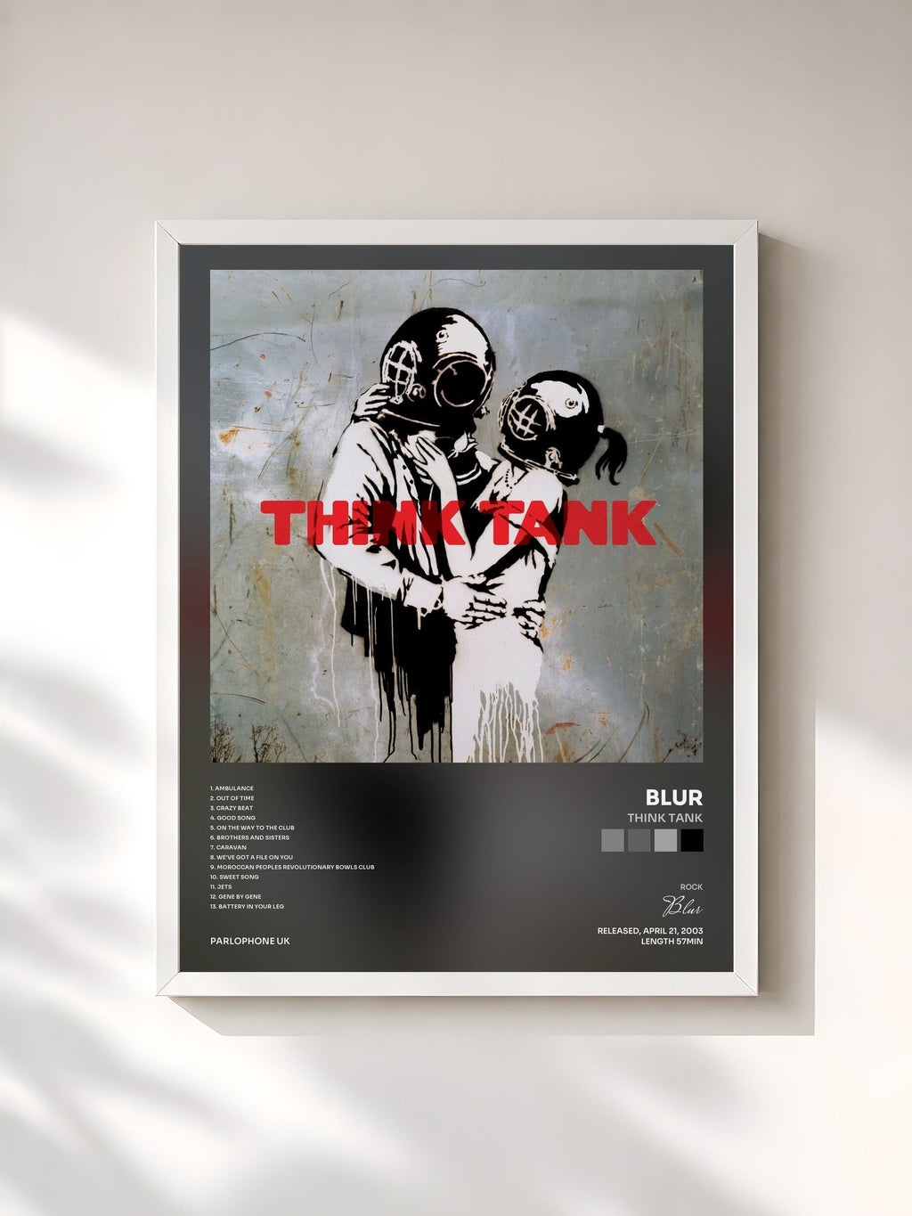 #blanc Tableau de l'album Think Tank de Blur, cadre blanc, imprimé et encadré en France