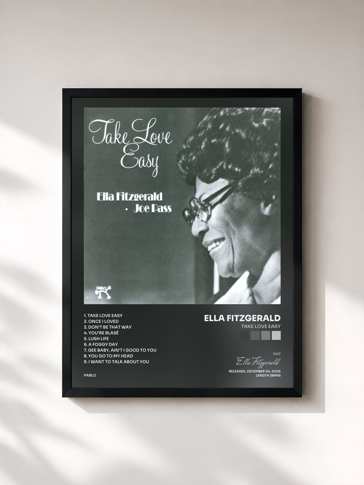 #noir Tableau de l'album Take Love Easy de Ella Fitzgerald, cadre noir, imprimé et encadré en France