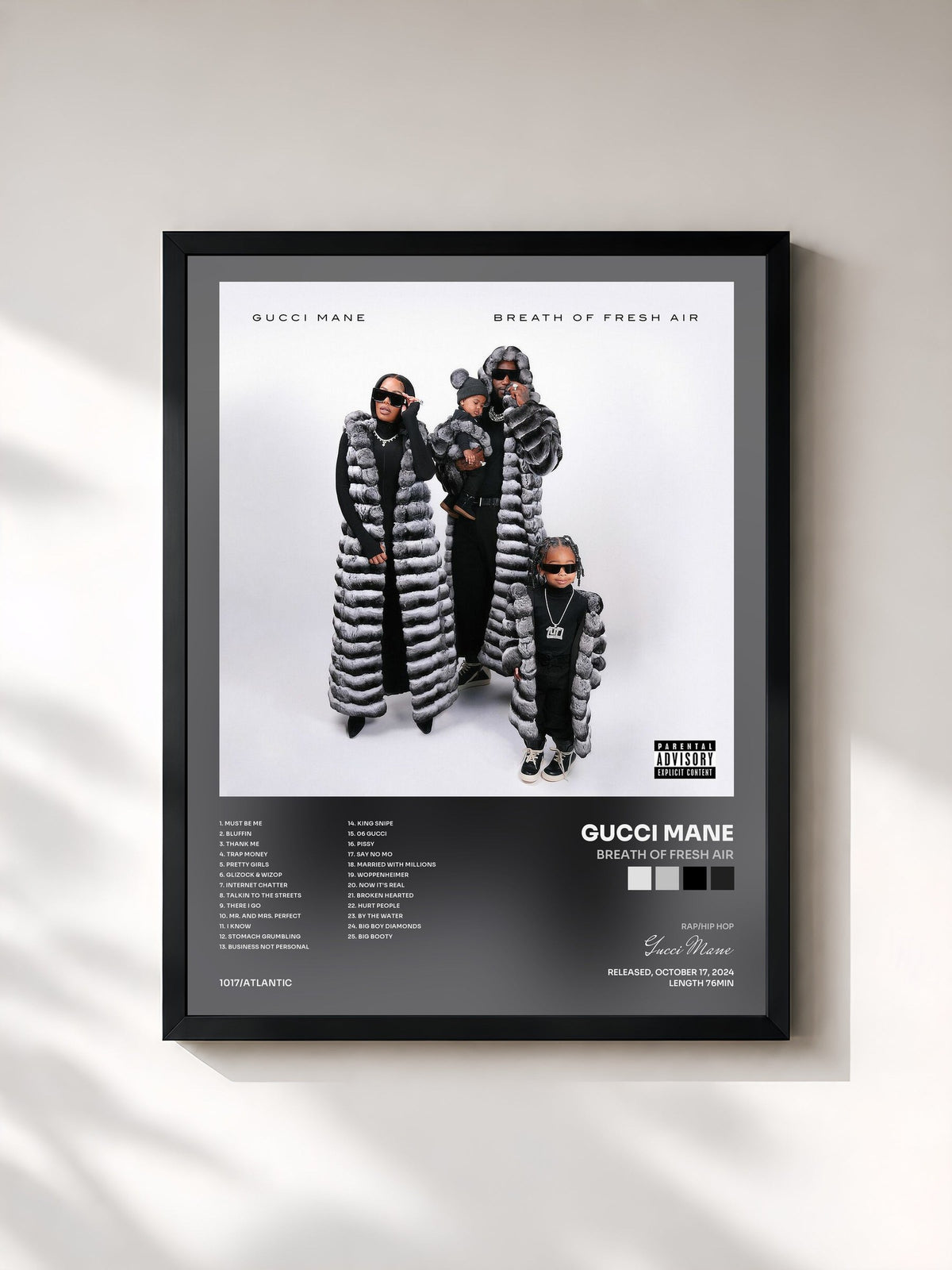 #noir Tableau de l'album Breath of Fresh Air de Gucci Mane, cadre noir, imprimé et encadré en France