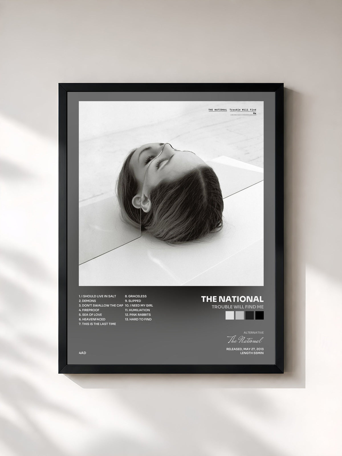 #noir Trouble Will Find Me by The National as a framed art print, black frame, printed and framed in France