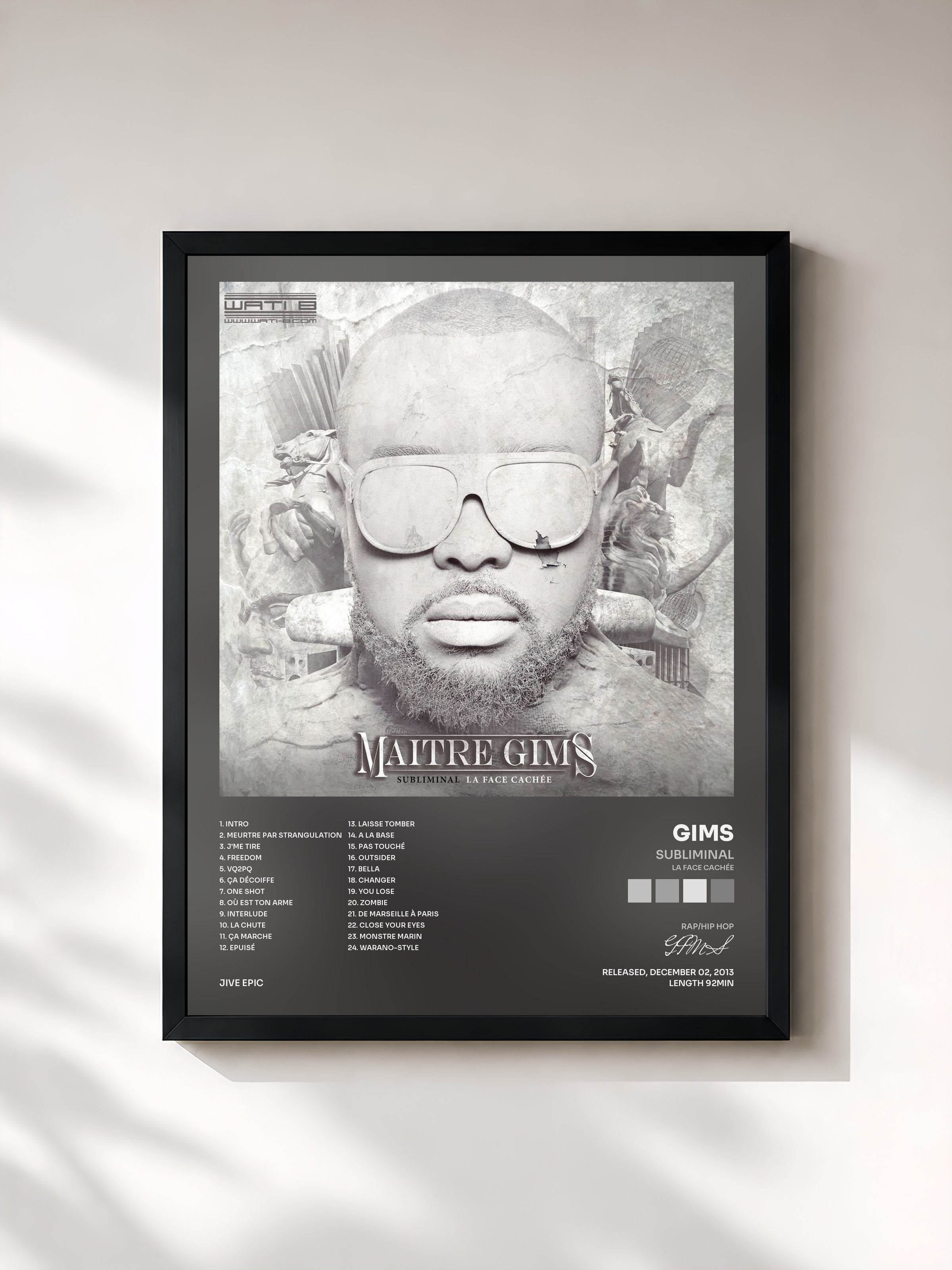 #noir Tableau de l'album Subliminal (La face cachée) de GIMS, cadre noir, imprimé et encadré en France