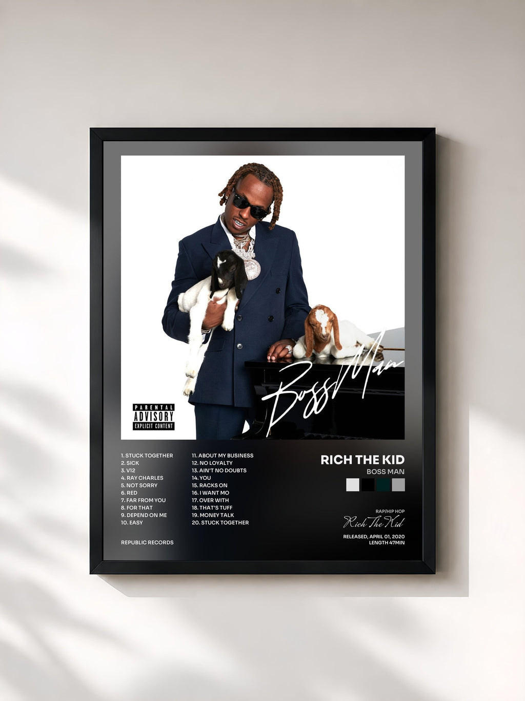 #noir BOSS MAN by Rich The Kid as a framed art print, black frame, printed and framed in France