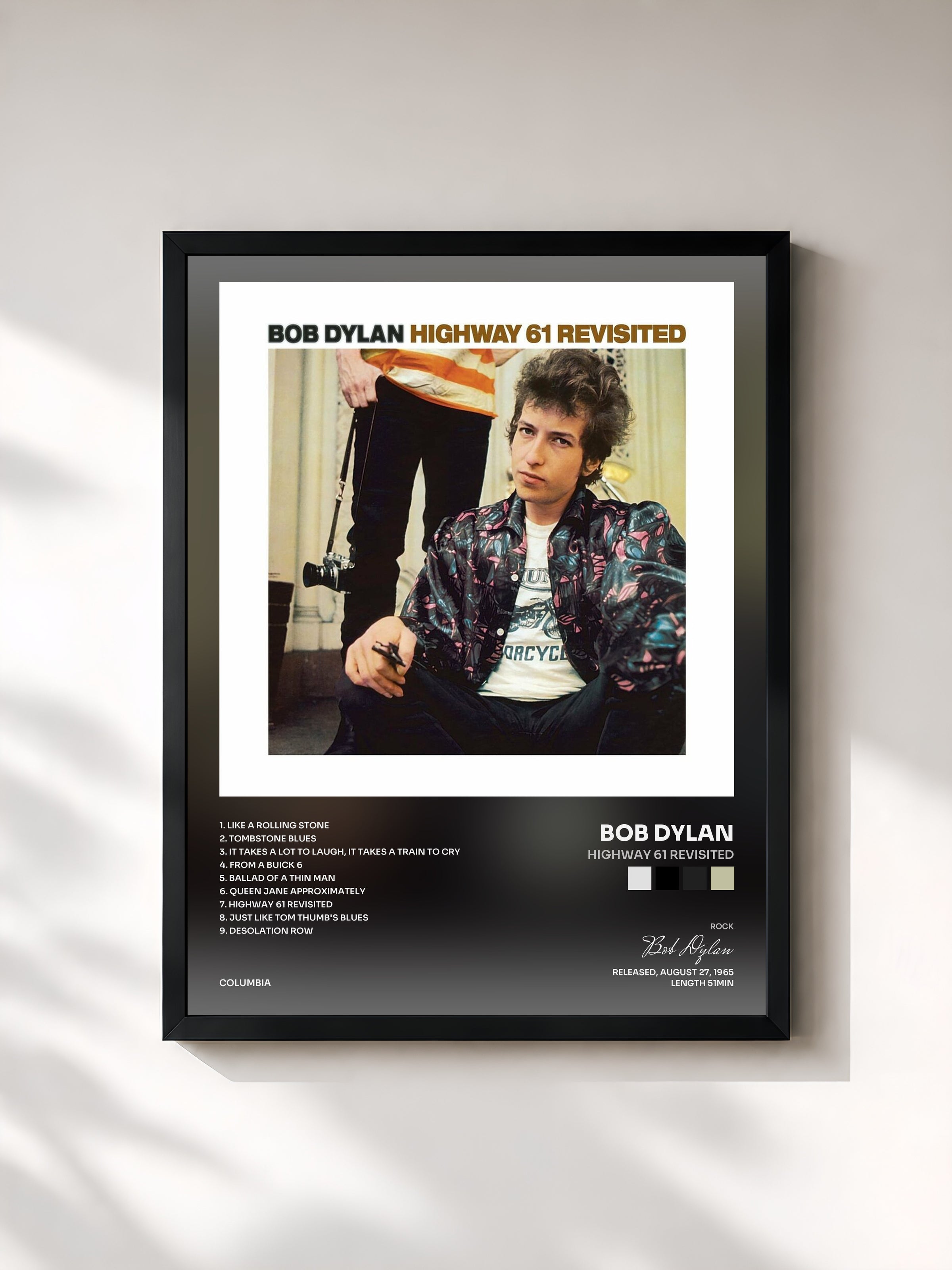 #noir Highway 61 Revisited by Bob Dylan as a framed art print, black frame, printed and framed in France