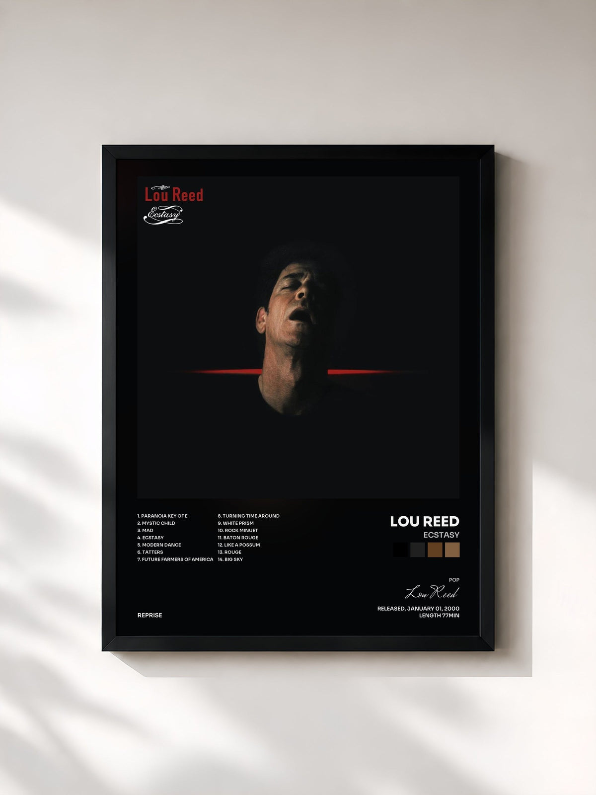 #noir Tableau de l'album Ecstasy de Lou Reed, cadre noir, imprimé et encadré en France