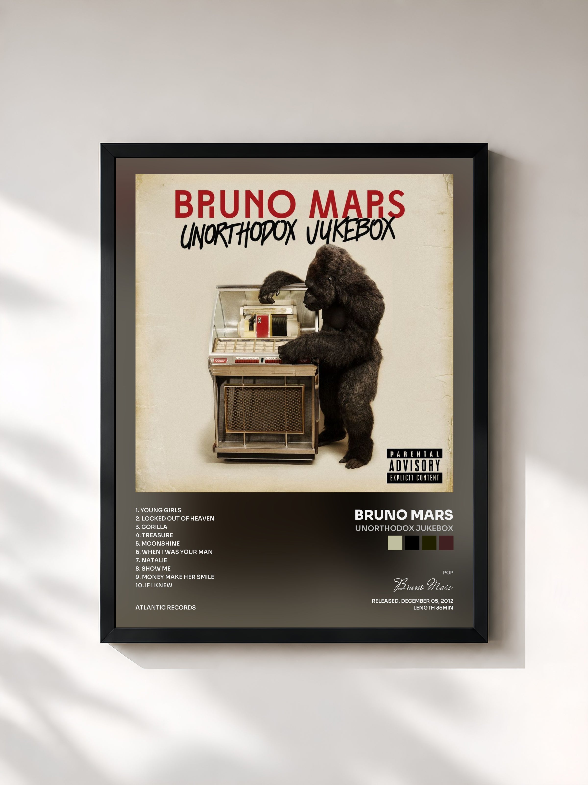 #noir Tableau de l'album Unorthodox Jukebox de Bruno Mars, cadre noir, imprimé et encadré en France