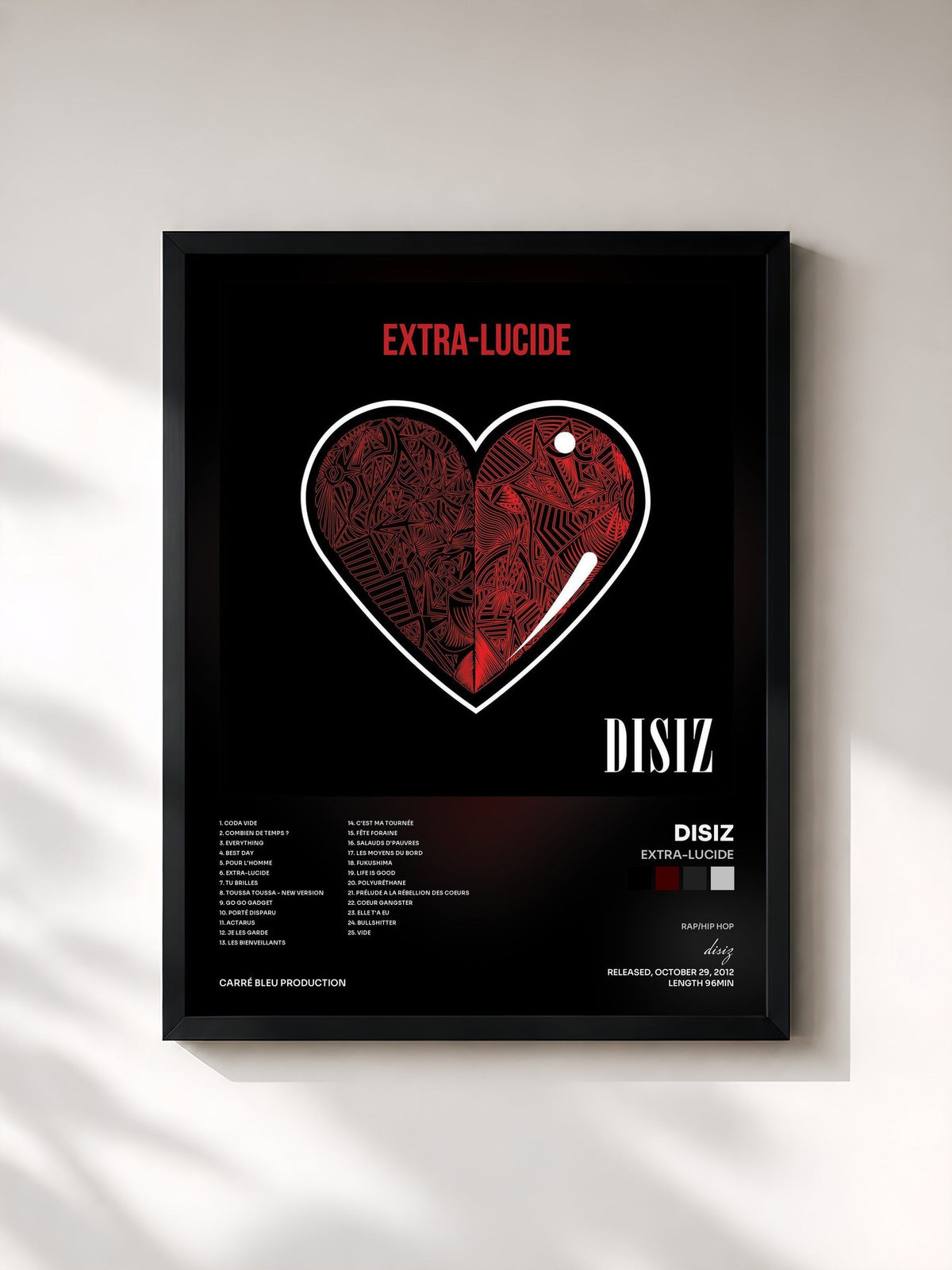 #noir Tableau de l'album Extra-lucide de disiz, cadre noir, imprimé et encadré en France