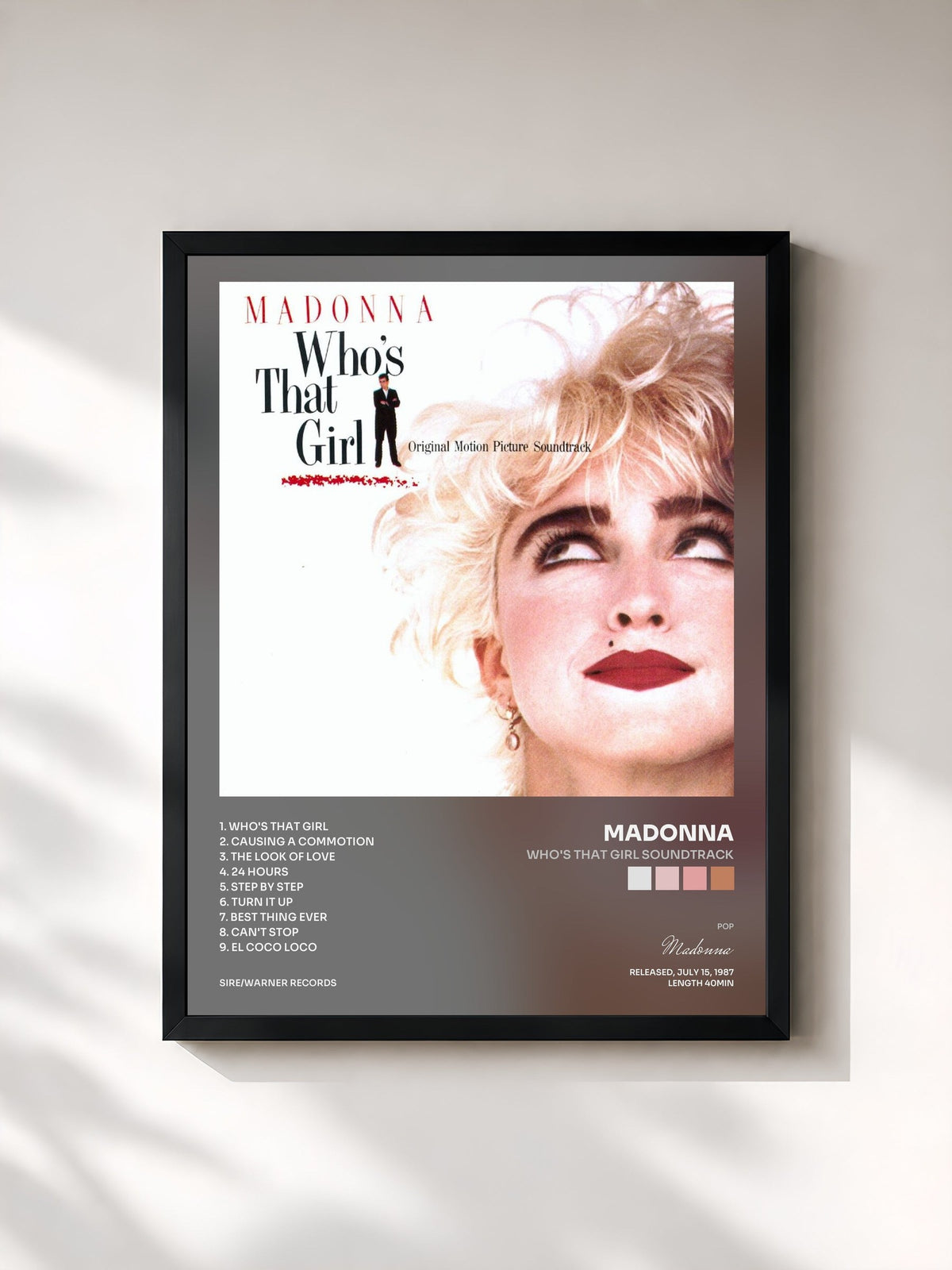 #noir Tableau de l'album Who's That Girl Soundtrack de Madonna, cadre noir, imprimé et encadré en France