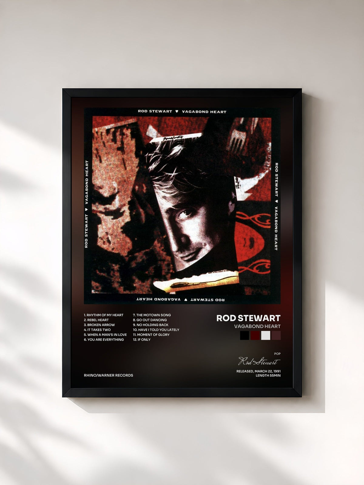 #noir Tableau de l'album Vagabond Heart de Rod Stewart, cadre noir, imprimé et encadré en France