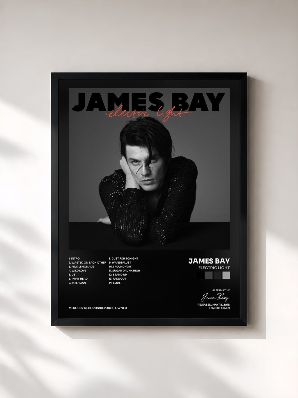 #noir Electric Light de James Bay en lámina enmarcada, marco negro, impresa y enmarcada en Francia