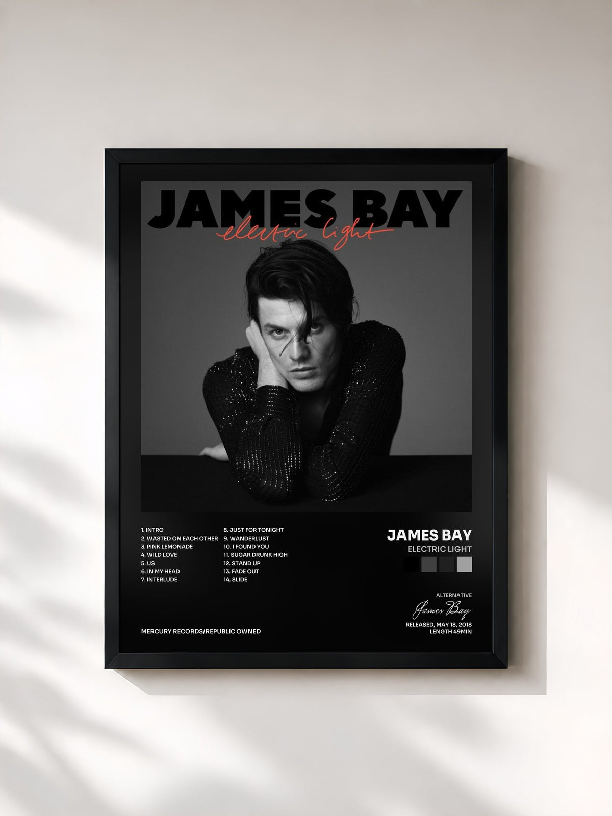 #noir Tableau de l'album Electric Light de James Bay, cadre noir, imprimé et encadré en France