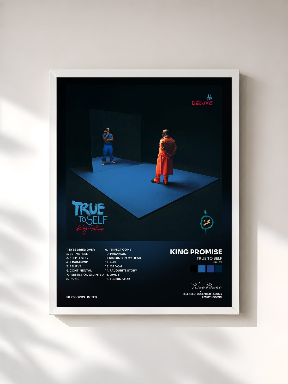 #blanc Tableau de l'album True To Self (Deluxe) de King Promise, cadre blanc, imprimé et encadré en France