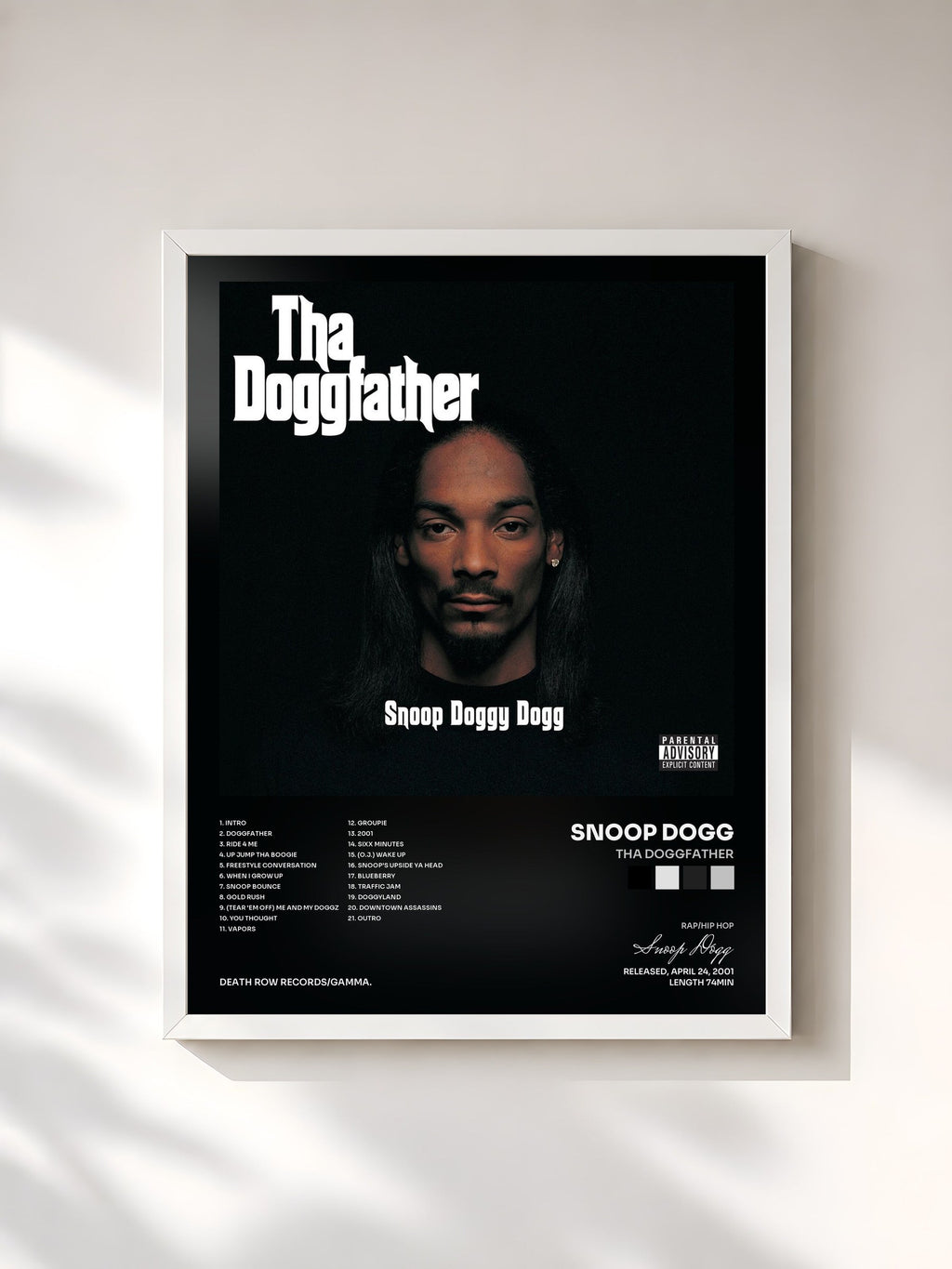 #blanc Tha Doggfather de Snoop Dogg en lámina enmarcada, marco blanco, impresa y enmarcada en Francia