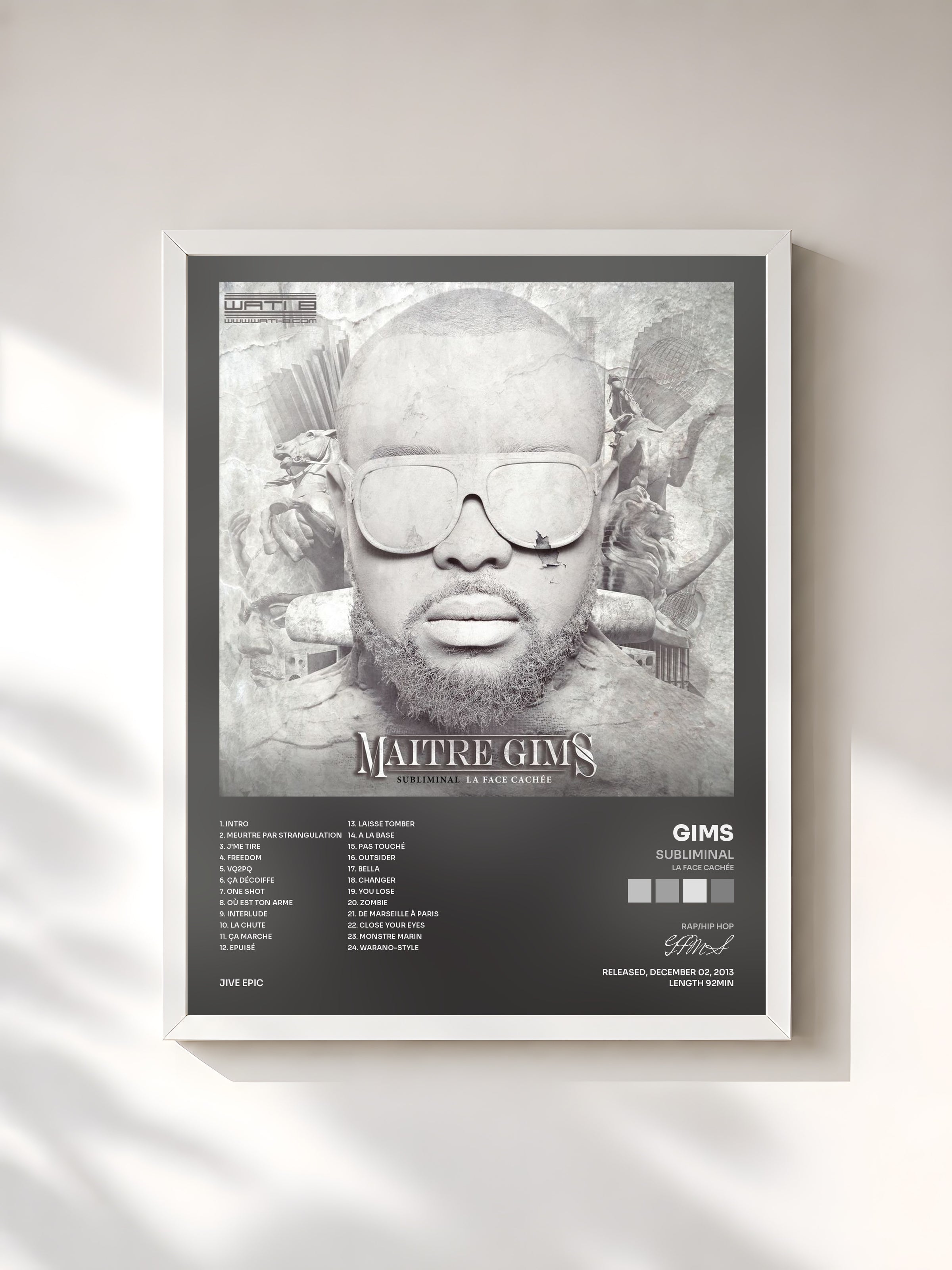 #blanc Tableau de l'album Subliminal (La face cachée) de GIMS, cadre blanc, imprimé et encadré en France