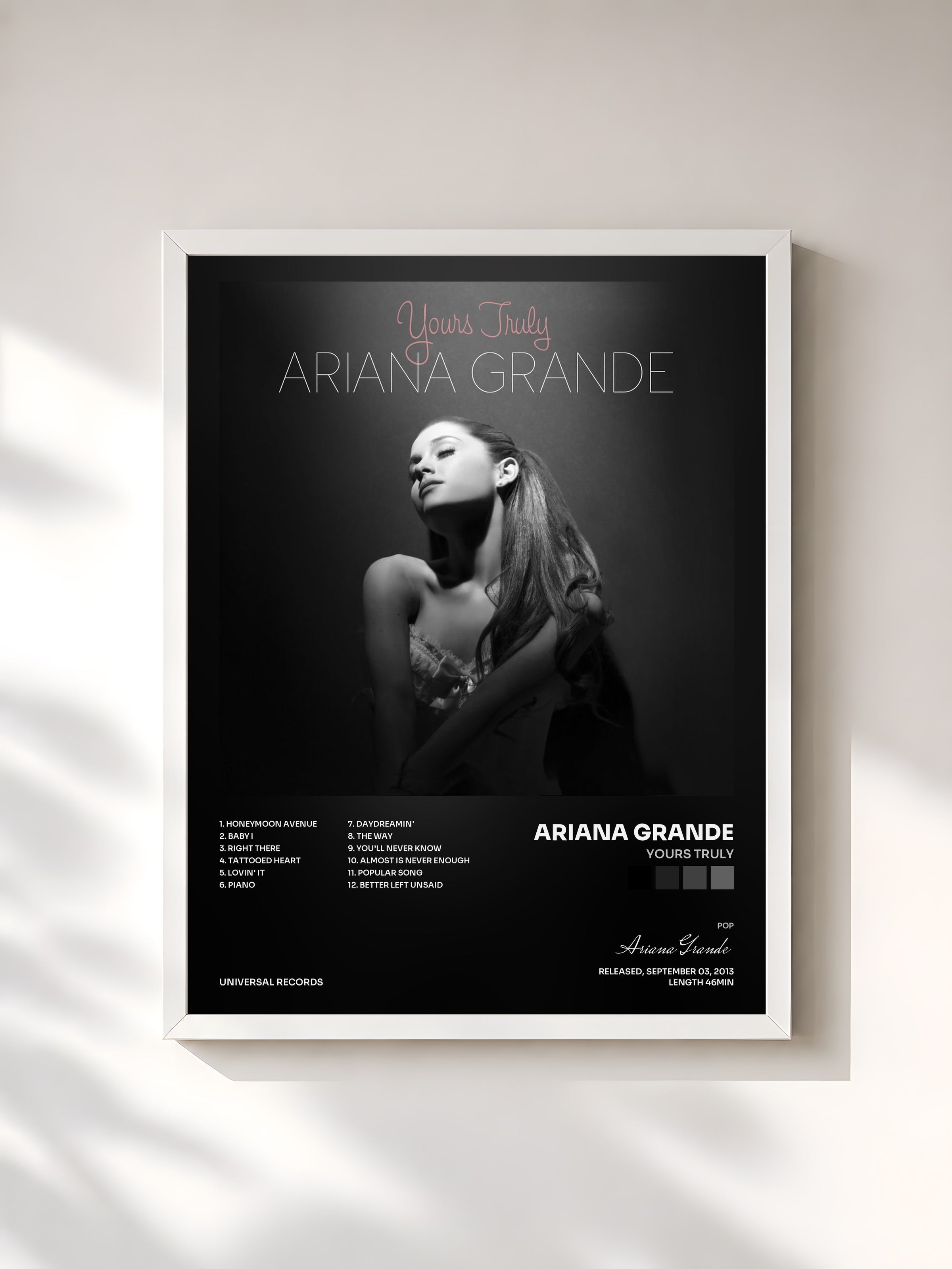 #blanc Yours Truly by Ariana Grande as a framed art print, white frame, printed and framed in France
