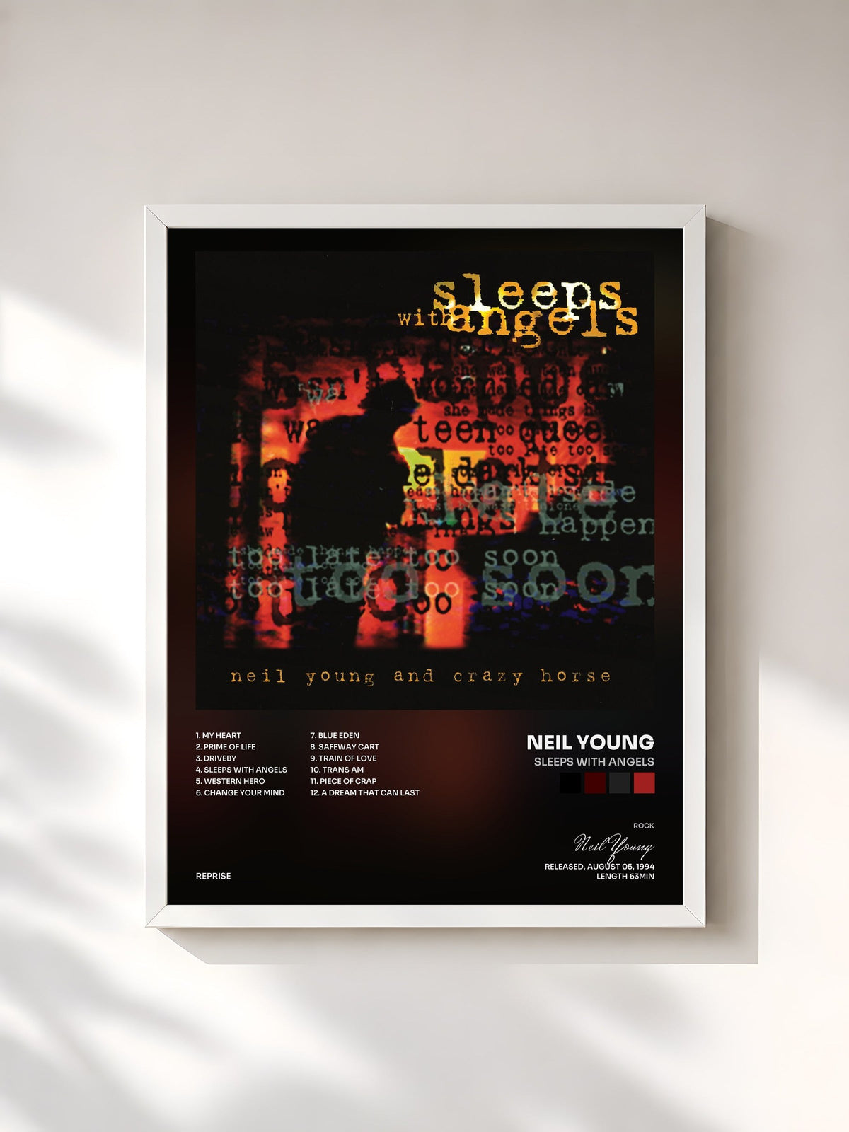 #blanc Tableau de l'album Sleeps with Angels de Neil Young, cadre blanc, imprimé et encadré en France