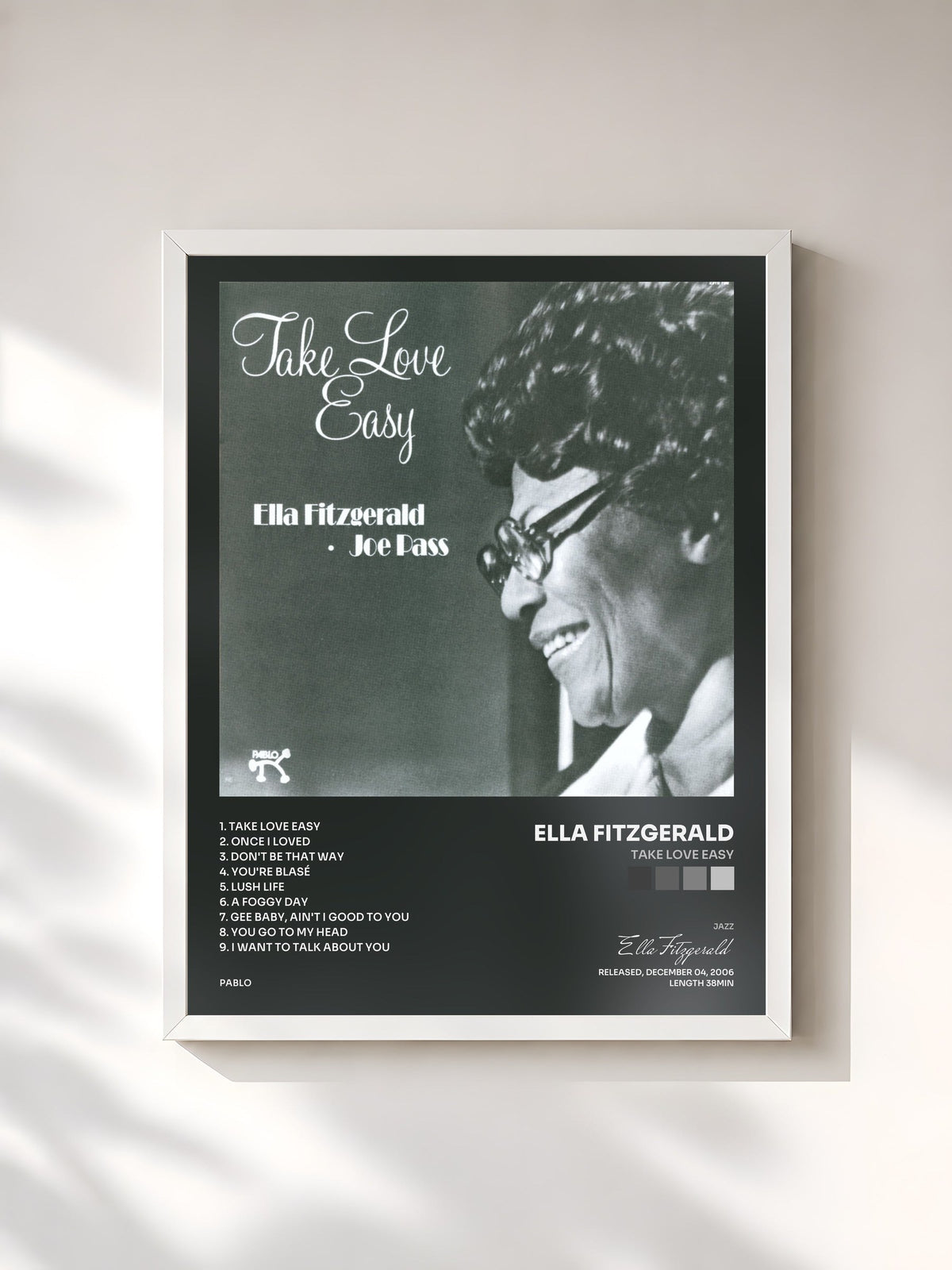 #blanc Tableau de l'album Take Love Easy de Ella Fitzgerald, cadre blanc, imprimé et encadré en France