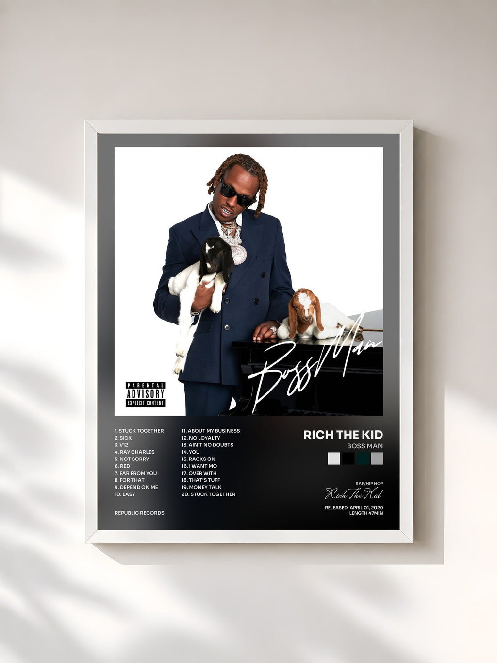 #blanc BOSS MAN by Rich The Kid as a framed art print, white frame, printed and framed in France