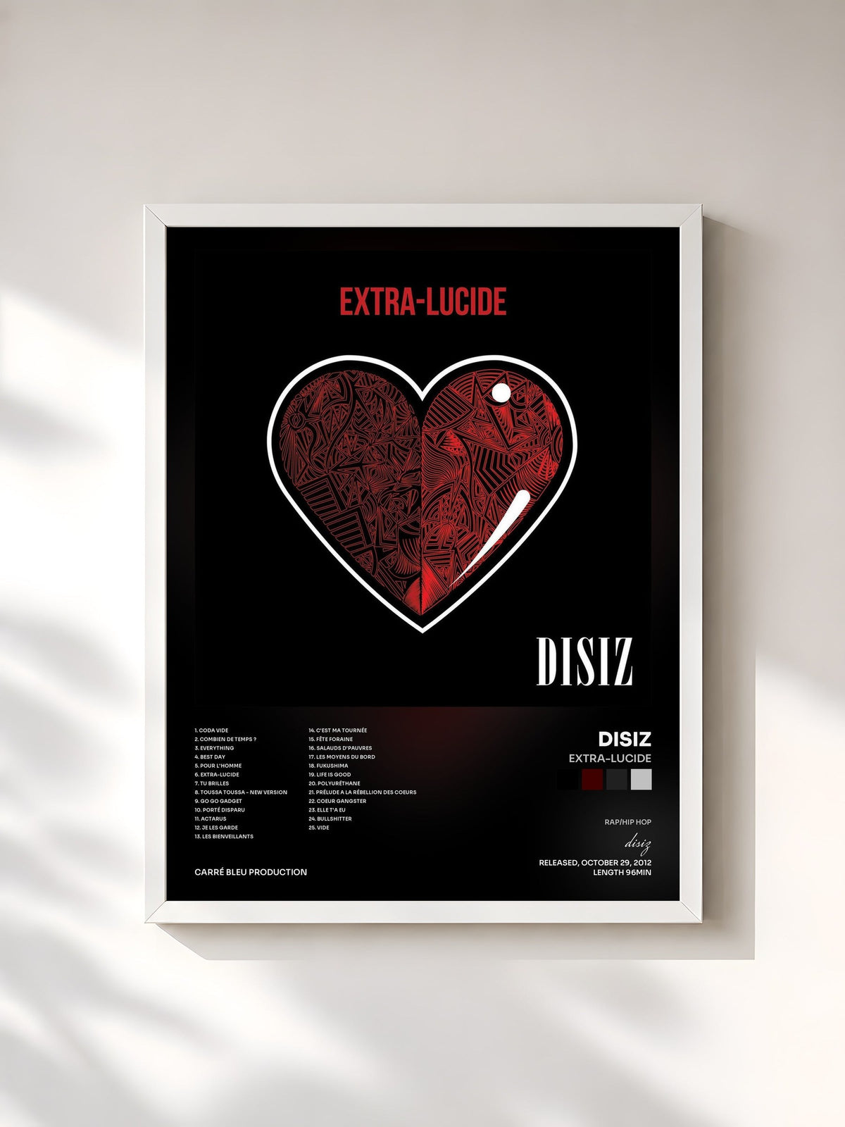 #blanc Tableau de l'album Extra-lucide de disiz, cadre blanc, imprimé et encadré en France