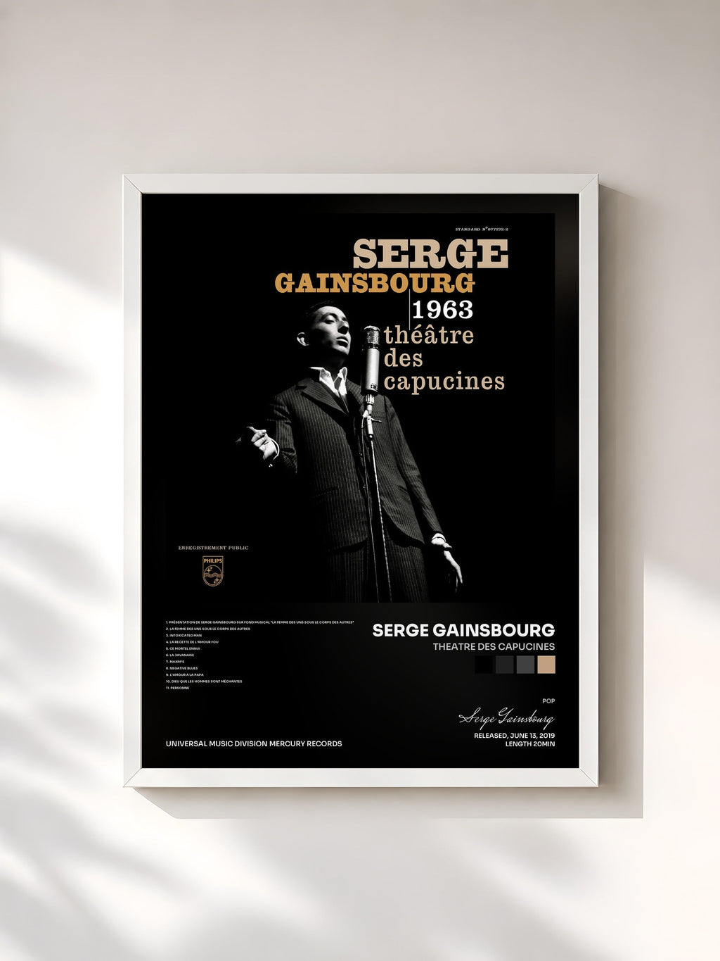 #blanc Tableau de l'album Theatre Des Capucines de Serge Gainsbourg, cadre blanc, imprimé et encadré en France