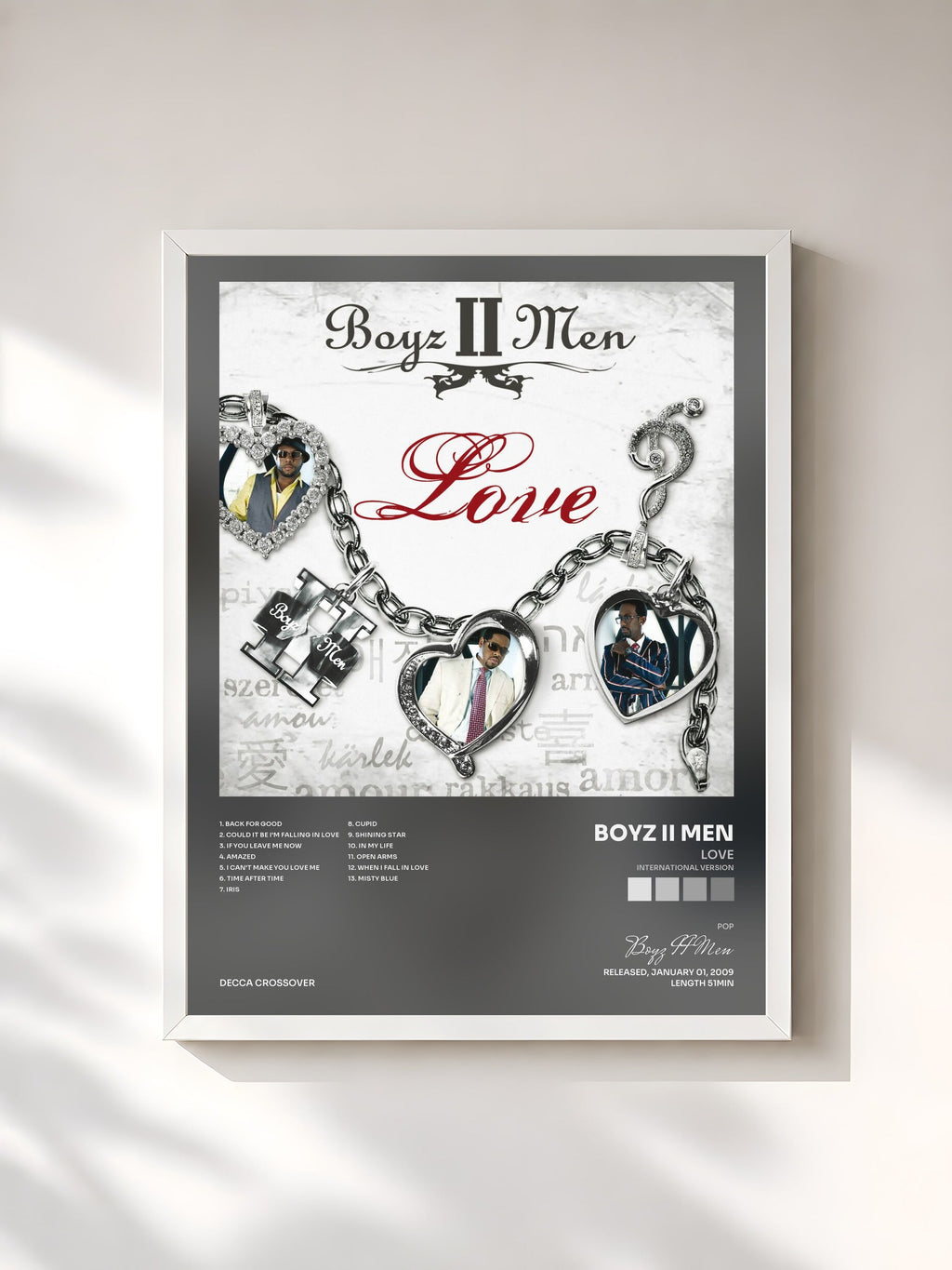 #blanc Tableau de l'album Love (International Version) de Boyz II Men, cadre blanc, imprimé et encadré en France