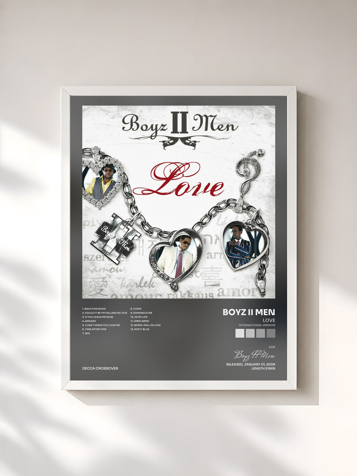 #blanc Tableau de l'album Love (International Version) de Boyz II Men, cadre blanc, imprimé et encadré en France