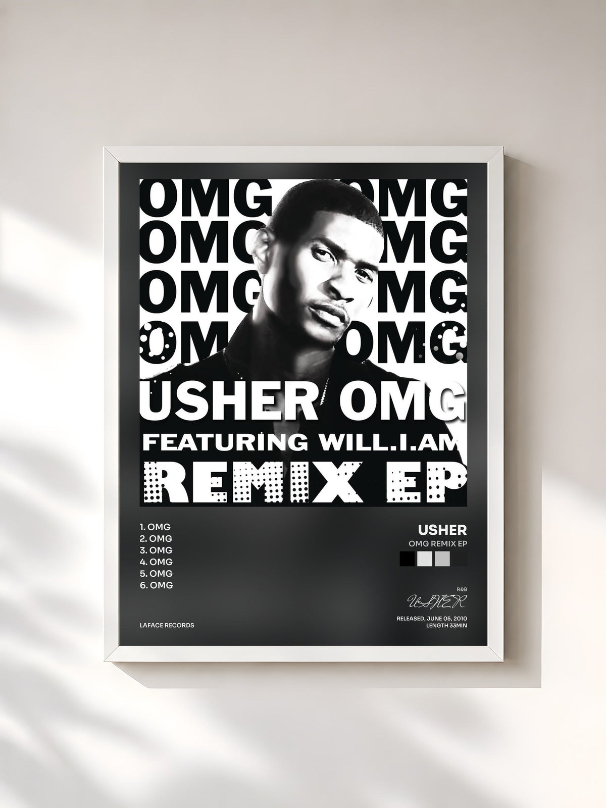 #blanc Tableau de l'album OMG Remix EP de USHER, cadre blanc, imprimé et encadré en France