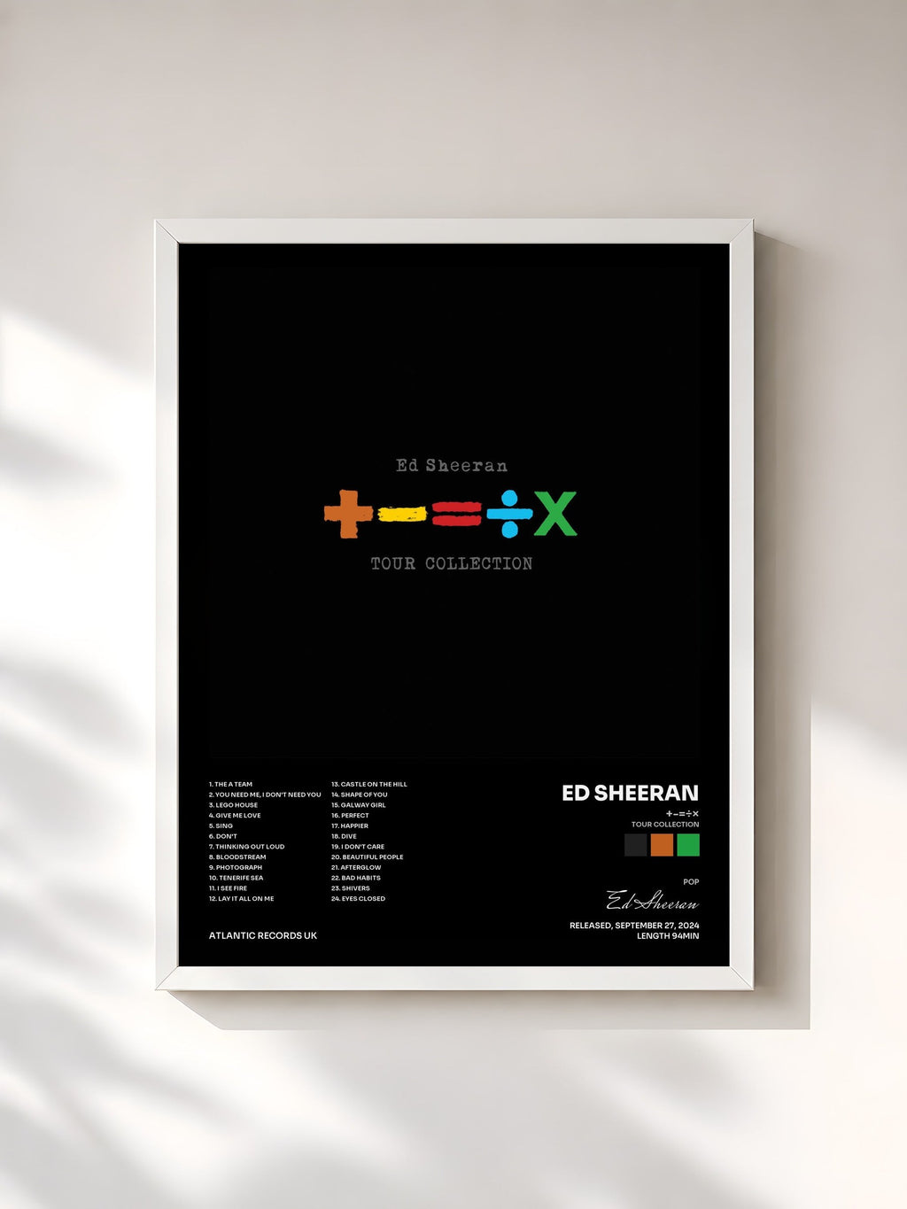 #blanc Tableau de l'album +-=÷× (Tour Collection) de Ed Sheeran, cadre blanc, imprimé et encadré en France