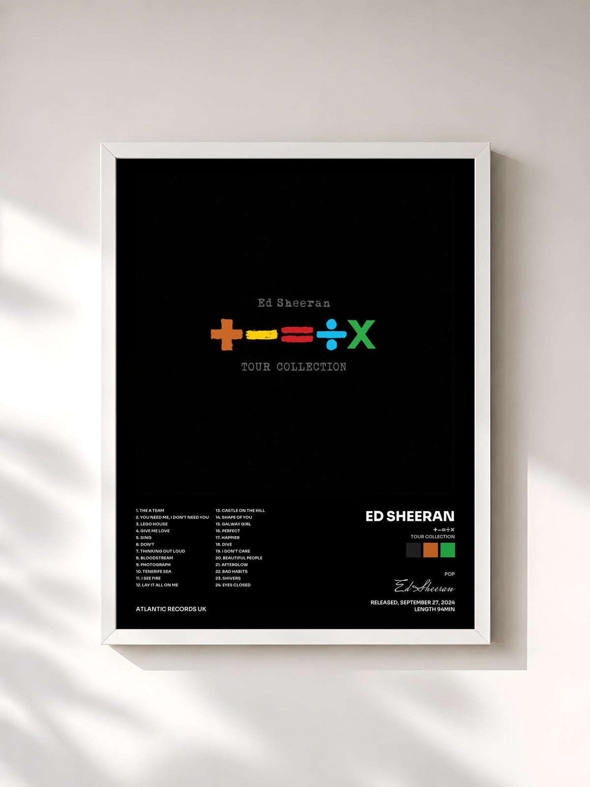#blanc Tableau de l'album +-=÷× (Tour Collection) de Ed Sheeran, cadre blanc, imprimé et encadré en France
