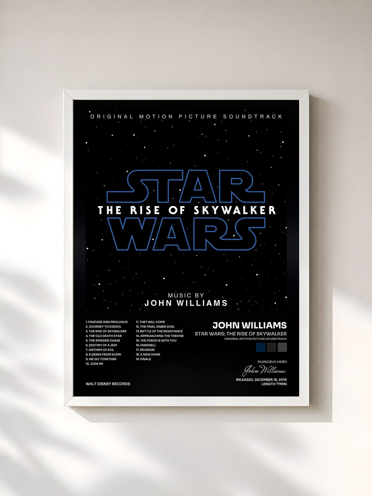 #blanc Tableau de l'album Star Wars: The Rise of Skywalker (Original Motion Picture Soundtrack) de John Williams, cadre blanc, imprimé et encadré en France