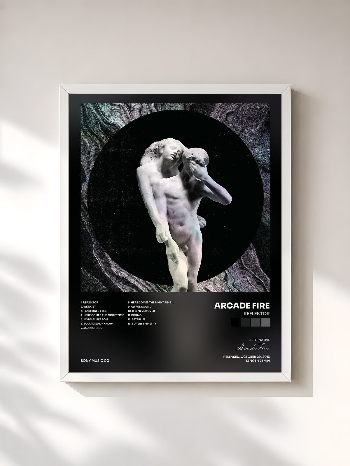 #blanc Tableau de l'album Reflektor de Arcade Fire, cadre blanc, imprimé et encadré en France