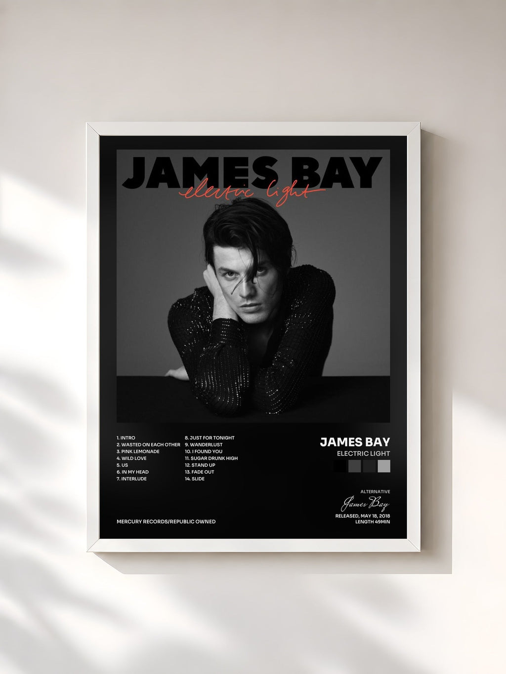 #blanc Electric Light de James Bay en lámina enmarcada, marco blanco, impresa y enmarcada en Francia