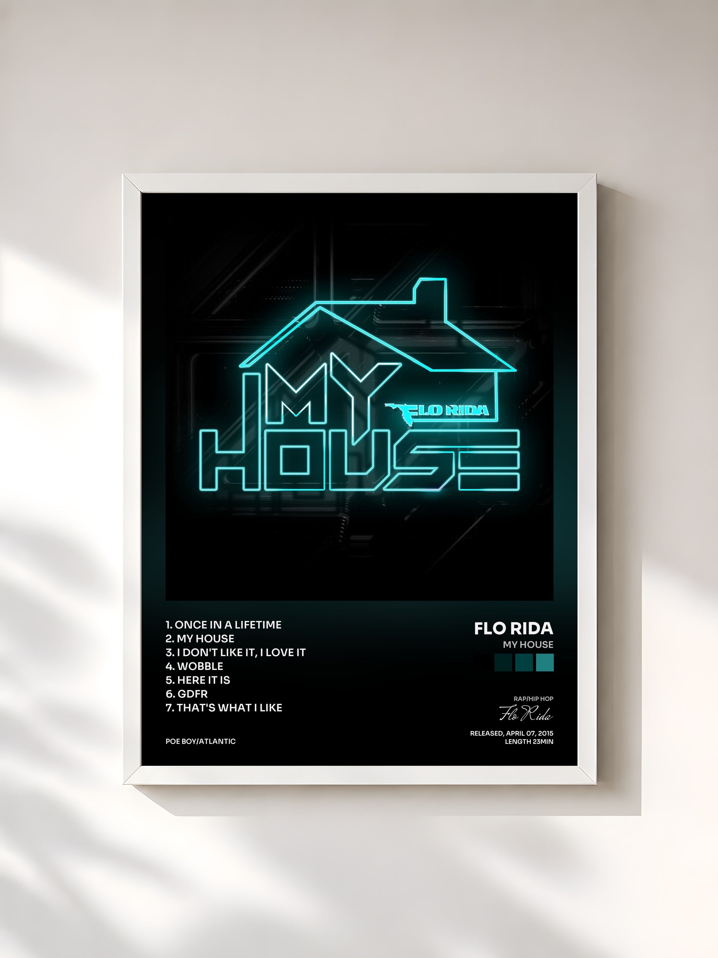 #blanc My House by Flo Rida as a framed art print, white frame, printed and framed in France