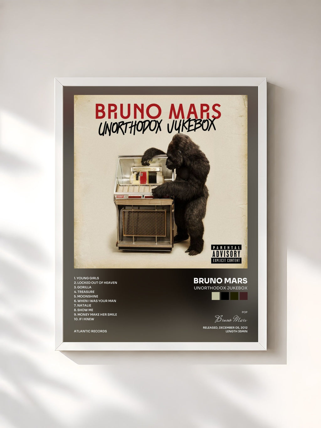 #blanc Tableau de l'album Unorthodox Jukebox de Bruno Mars, cadre blanc, imprimé et encadré en France
