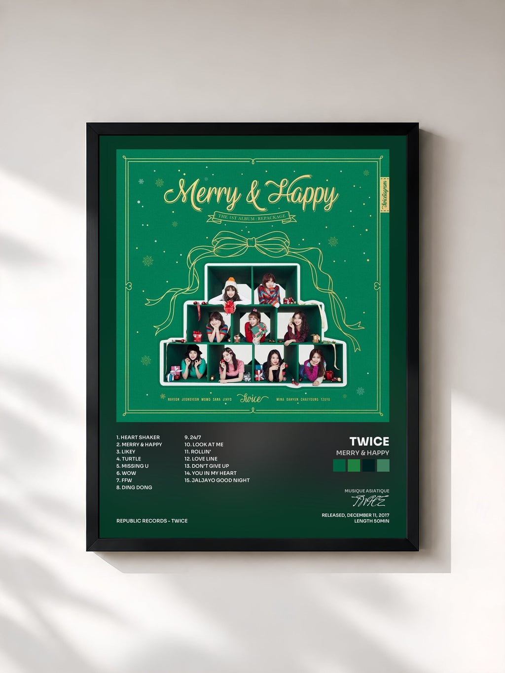 #noir Tableau de l'album Merry & Happy de TWICE, cadre noir, imprimé et encadré en France