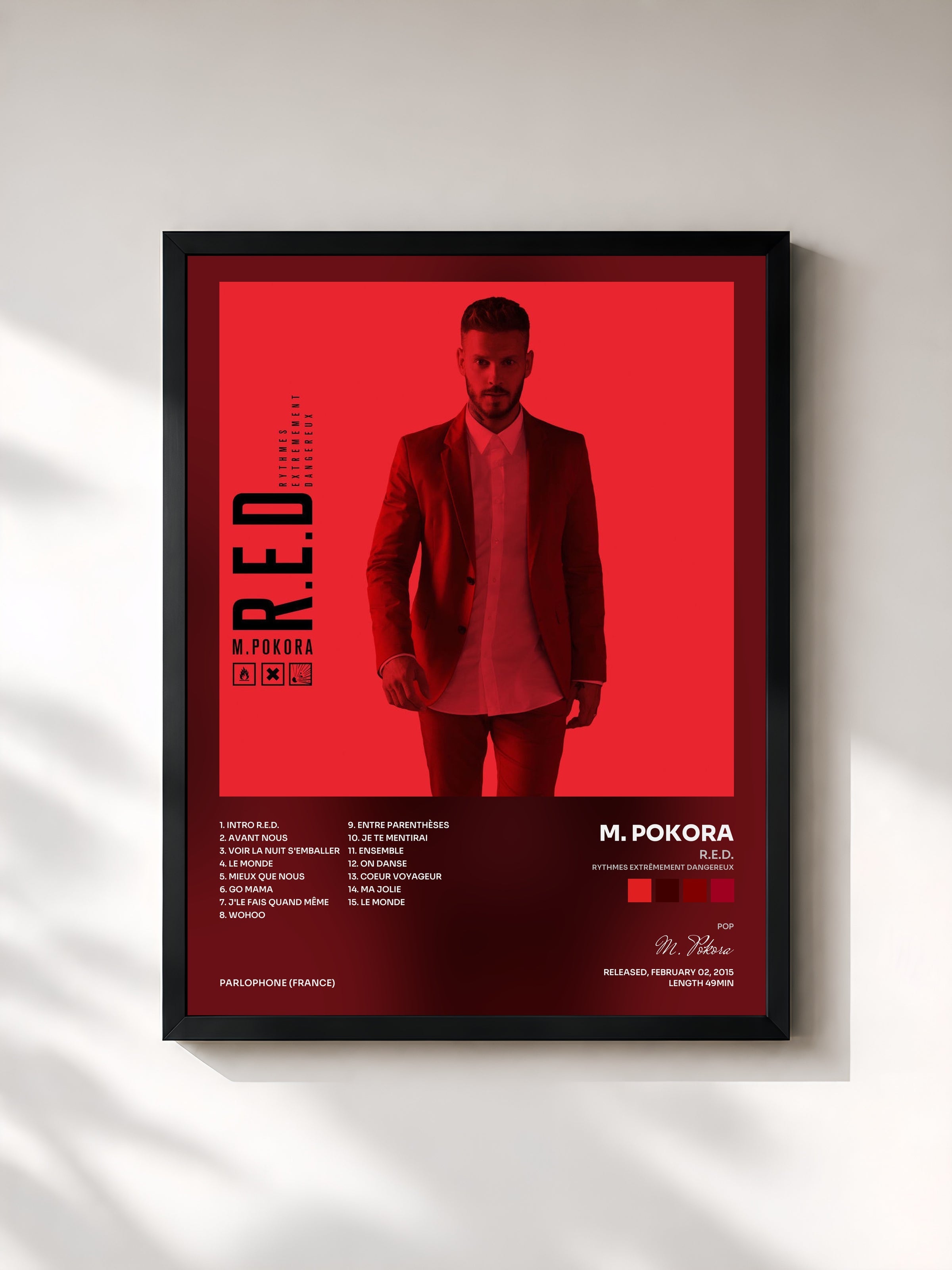 #noir Tableau de l'album R.E.D. (Rythmes Extrêmement Dangereux) de M. Pokora, cadre noir, imprimé et encadré en France