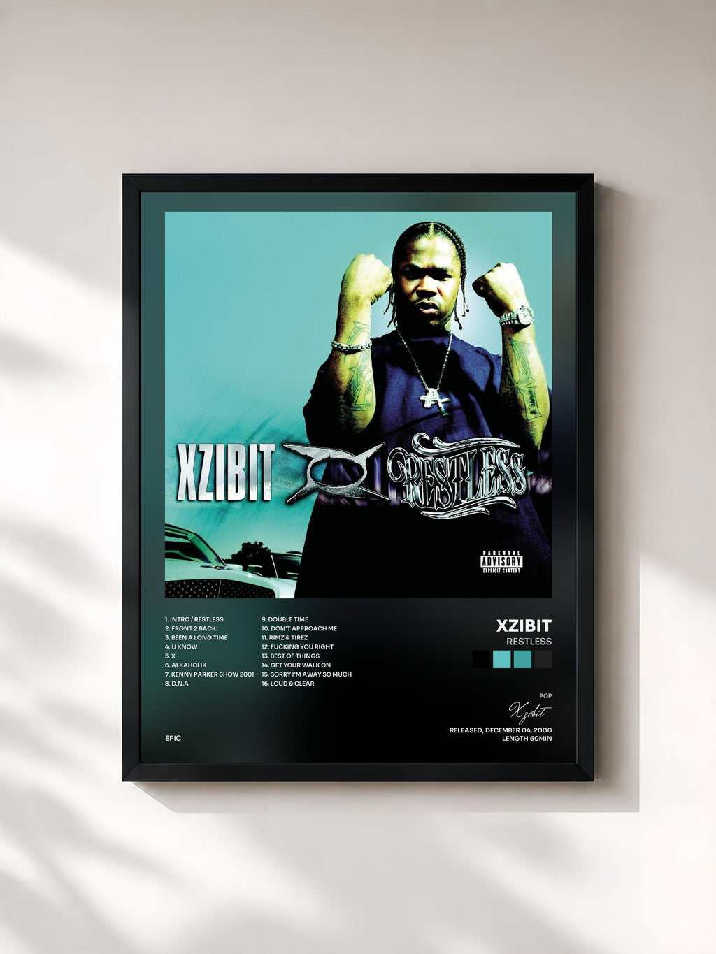 #noir Tableau de l'album Restless de Xzibit, cadre noir, imprimé et encadré en France