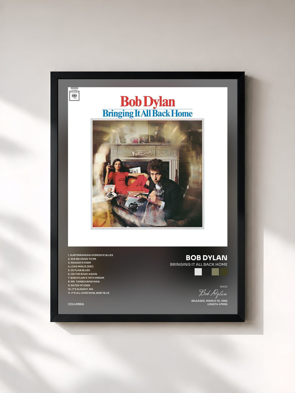 #noir Bringing It All Back Home de Bob Dylan en lámina enmarcada, marco negro, impresa y enmarcada en Francia