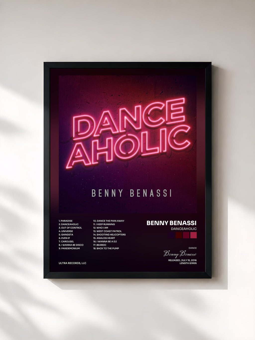 #noir Tableau de l'album Danceaholic de Benny Benassi, cadre noir, imprimé et encadré en France