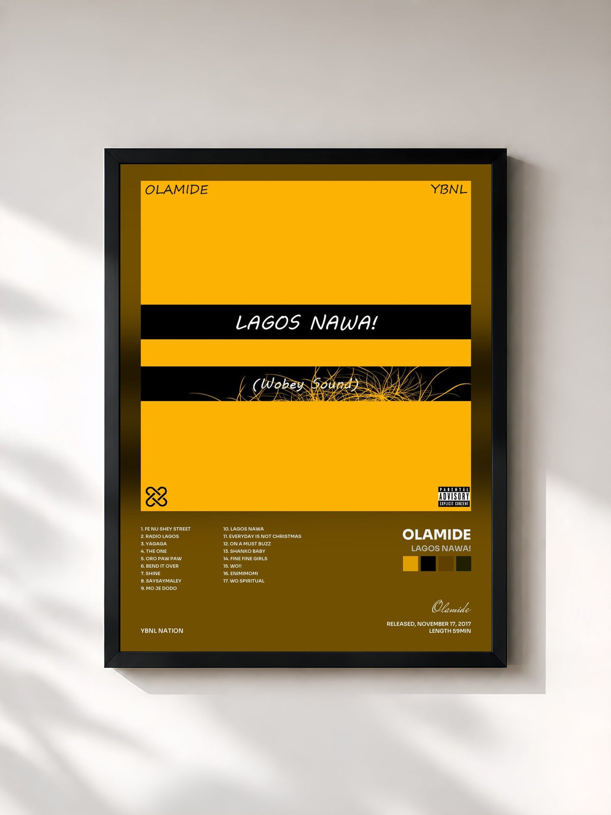 #noir Tableau de l'album Lagos Nawa! de Olamide, cadre noir, imprimé et encadré en France