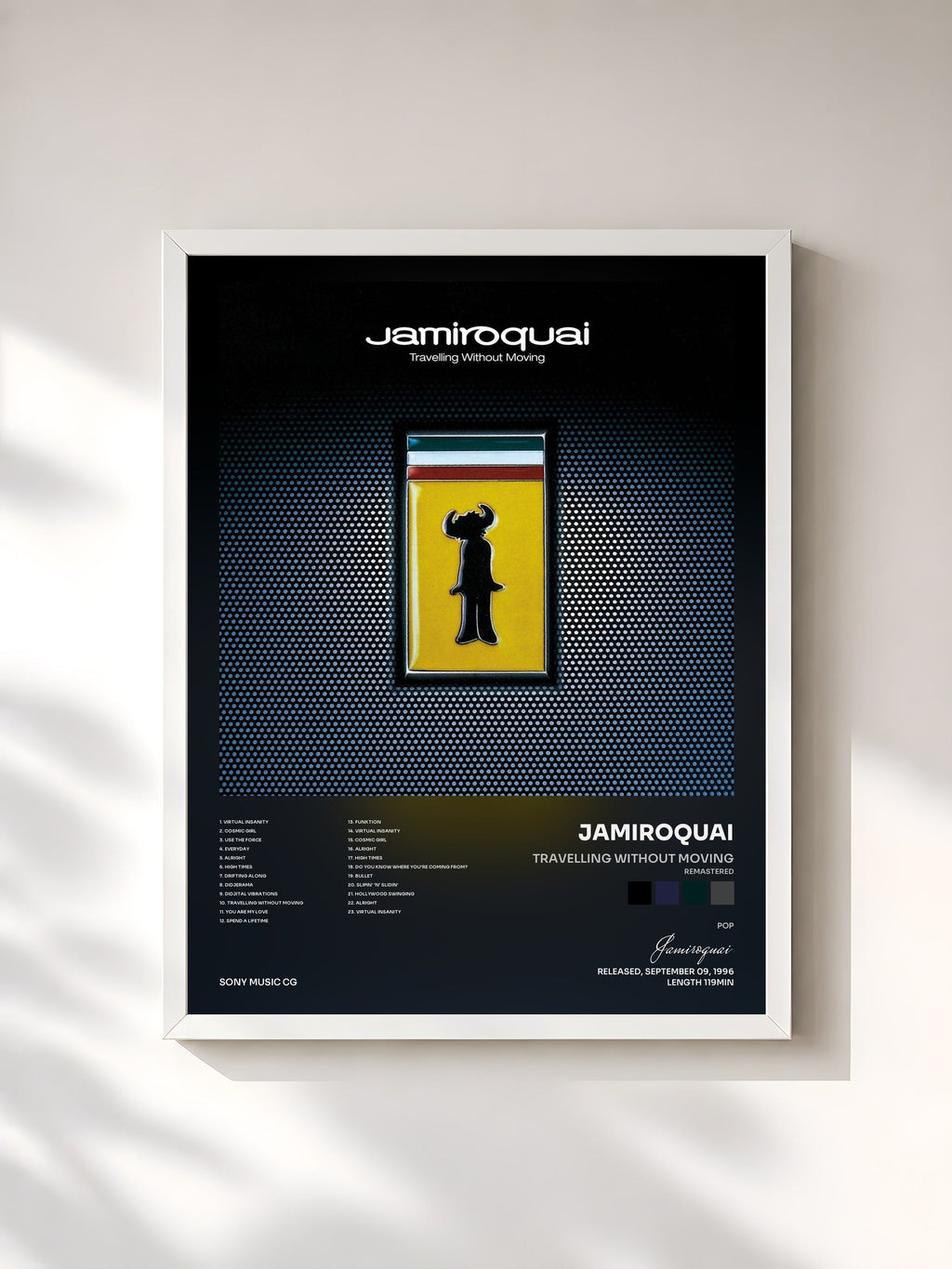 #blanc Travelling Without Moving (Remastered) de Jamiroquai en lámina enmarcada, marco blanco, impresa y enmarcada en Francia