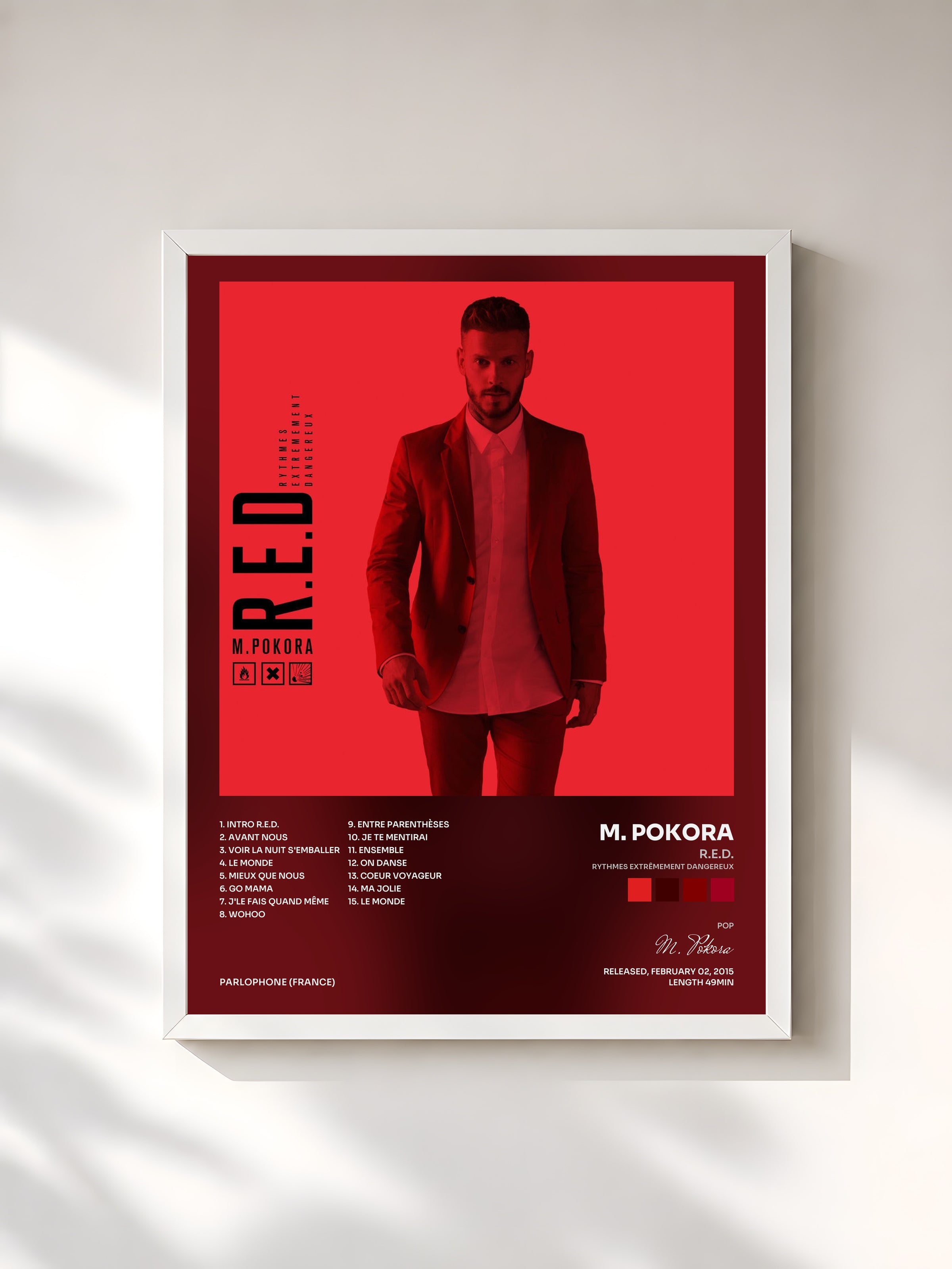 #blanc Tableau de l'album R.E.D. (Rythmes Extrêmement Dangereux) de M. Pokora, cadre blanc, imprimé et encadré en France