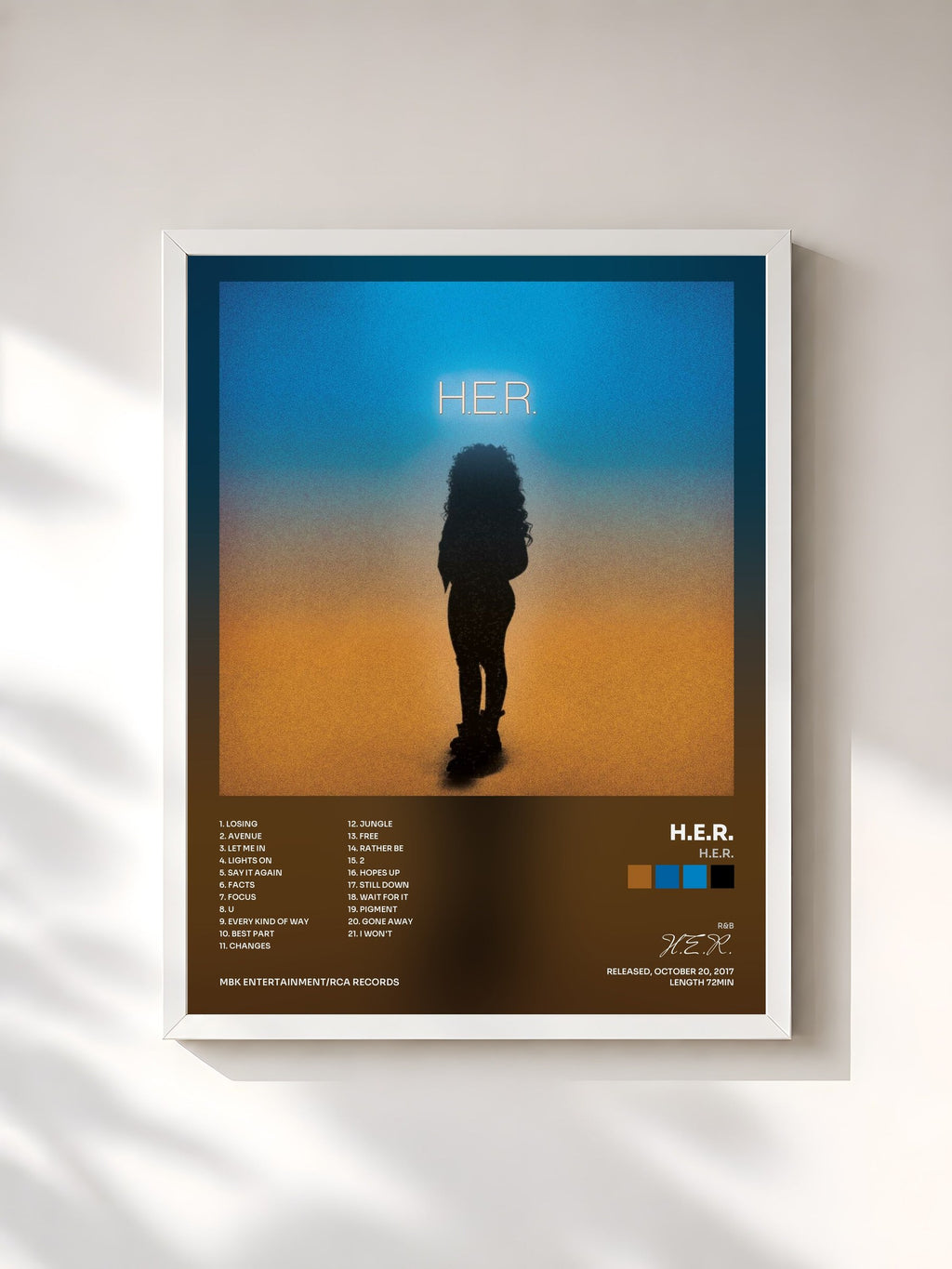 #blanc Tableau de l'album H.E.R. de H.E.R., cadre blanc, imprimé et encadré en France