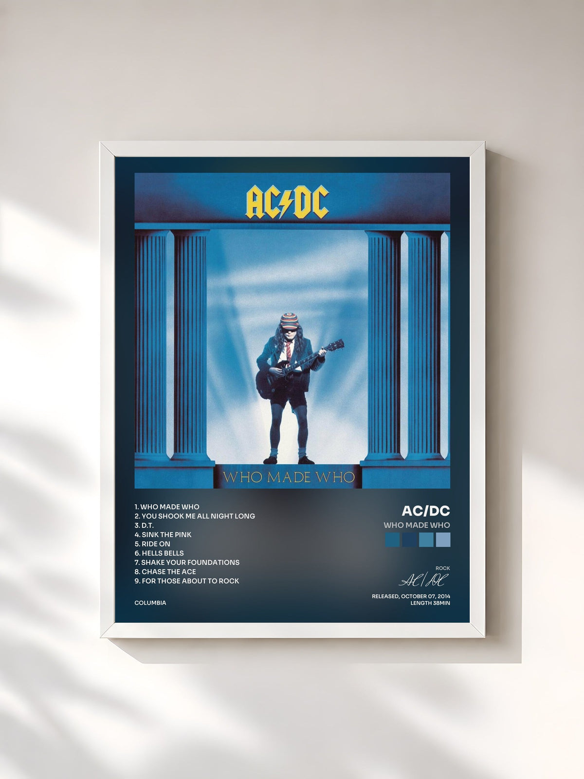 #blanc Tableau de l'album Who Made Who de AC/DC, cadre blanc, imprimé et encadré en France