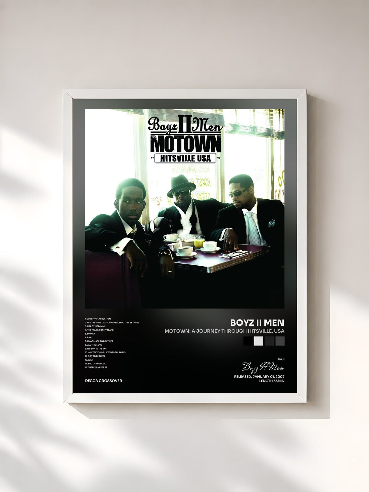 #blanc Tableau de l'album Motown: A Journey Through Hitsville, USA de Boyz II Men, cadre blanc, imprimé et encadré en France