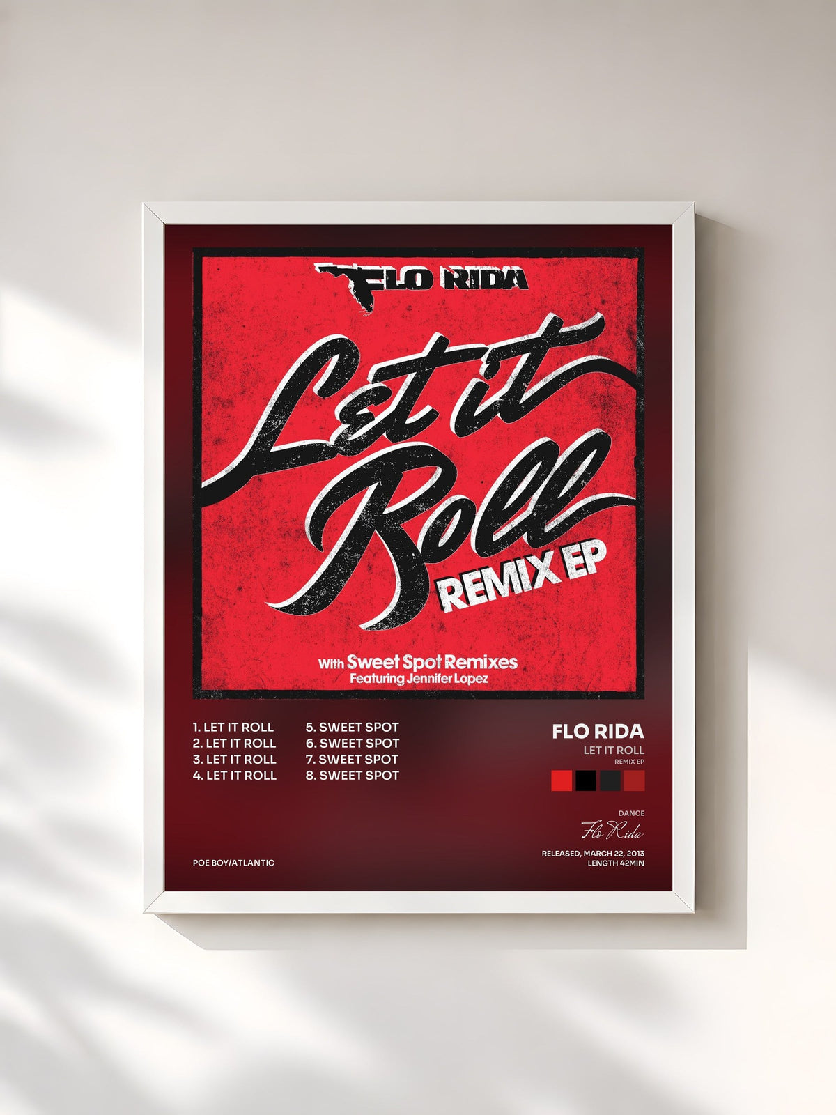 #blanc Tableau de l'album Let It Roll (Remix EP) de Flo Rida, cadre blanc, imprimé et encadré en France