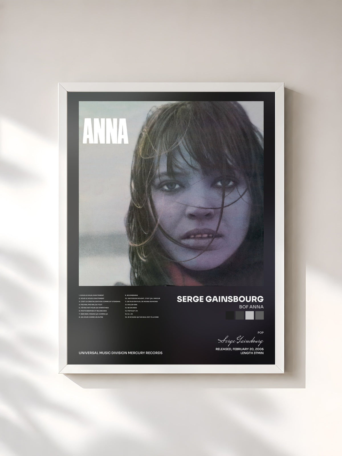 #blanc Tableau de l'album BOF Anna de Serge Gainsbourg, cadre blanc, imprimé et encadré en France