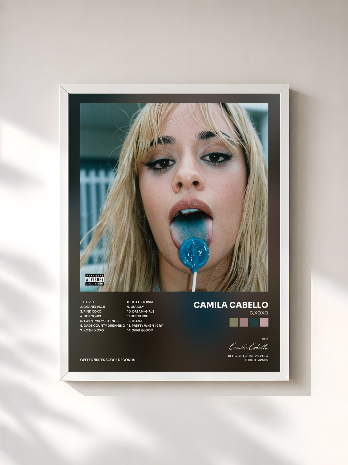 #blanc Tableau de l'album C,XOXO de Camila Cabello, cadre blanc, imprimé et encadré en France