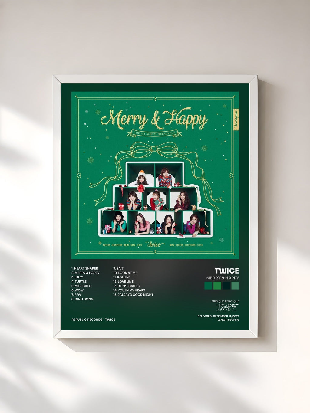 #blanc Tableau de l'album Merry & Happy de TWICE, cadre blanc, imprimé et encadré en France